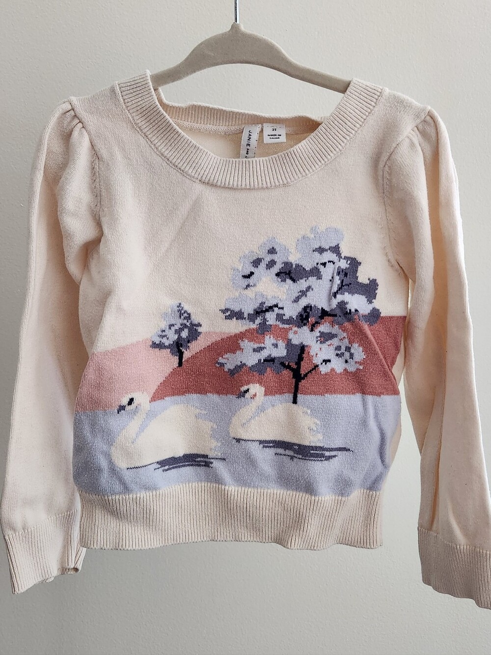 Janie and Jack Cream Sweater with Pink & Lavender Swan Scene